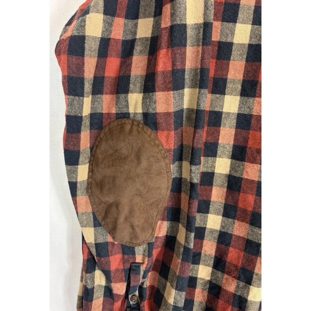J Crew Cotton Twill L/S Button Shirt Red/Blue Plaid Suede Elbows Men’s XL